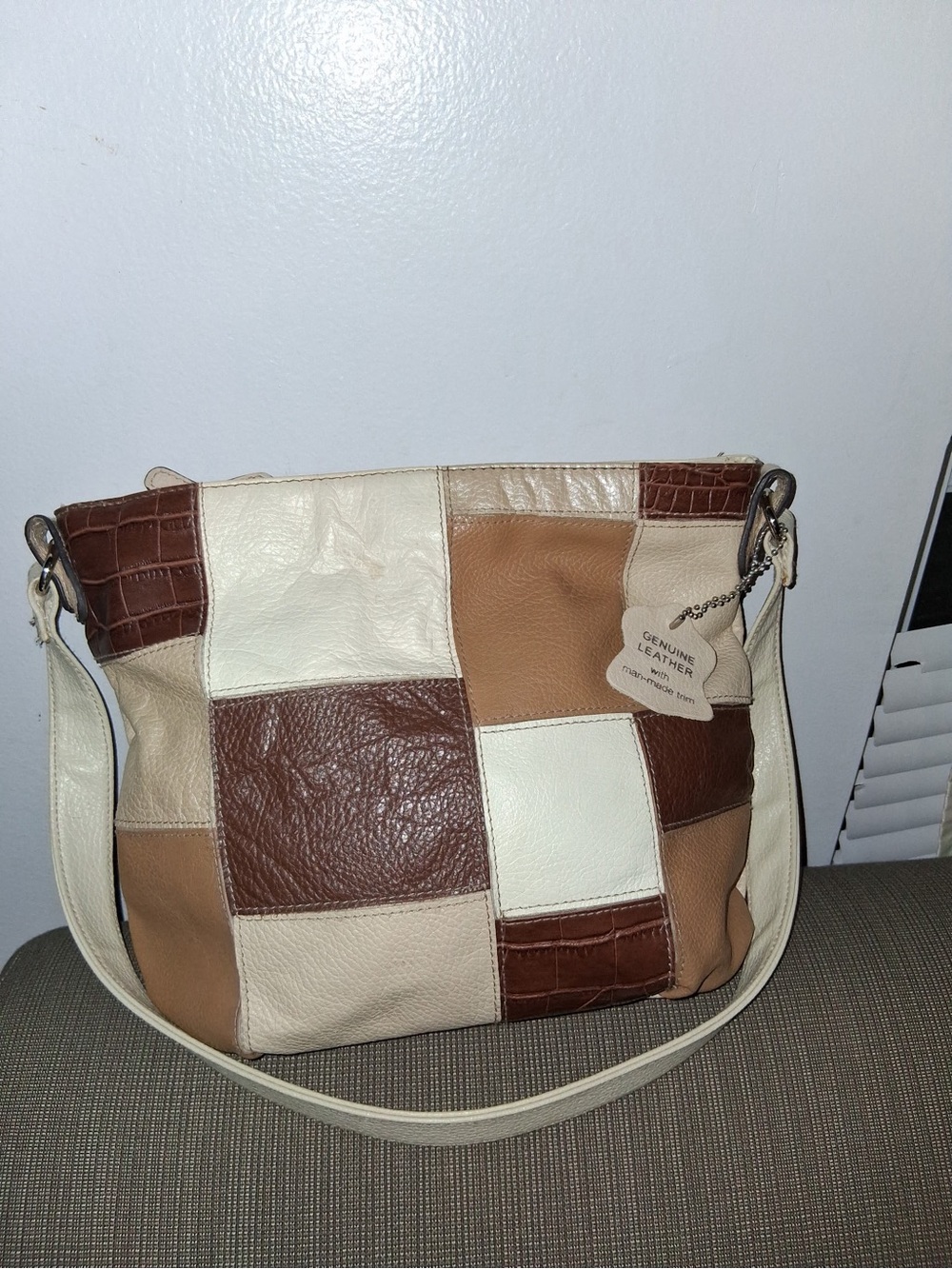 Genuine Leather Shoulder Bag - Cream & Brown